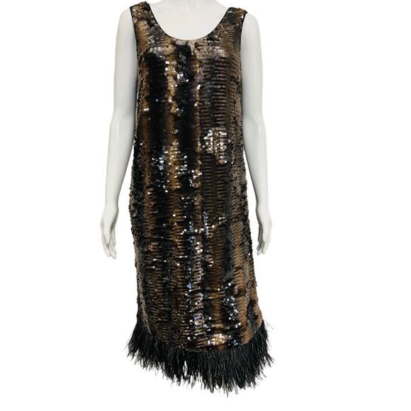 Ports 1961 Dresses & Skirts - PORTS 1961 Brown Sequin Feather Accent Knee Length Sleeveless Dress Size 6
